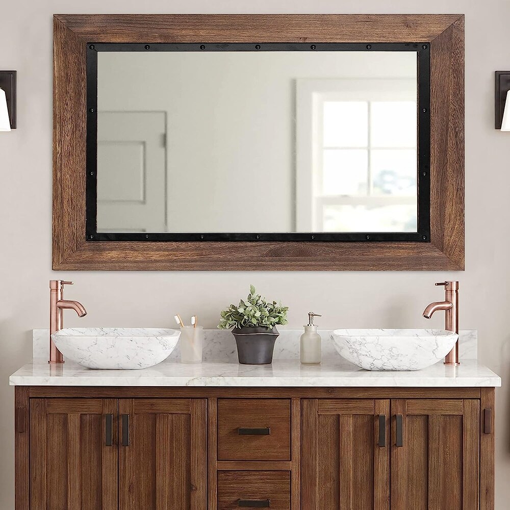 Rustic Wooden and Embedded Iron Framed Wall Bathroom Vanity Mirror