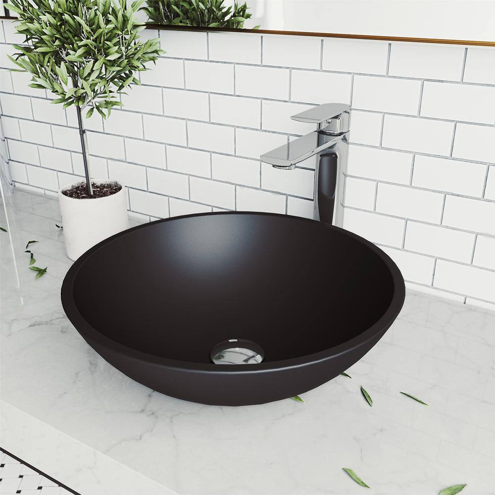 VIGO Cavalli Modern Black Matte Shell Glass Round Vessel Bathroom Sink VG07111