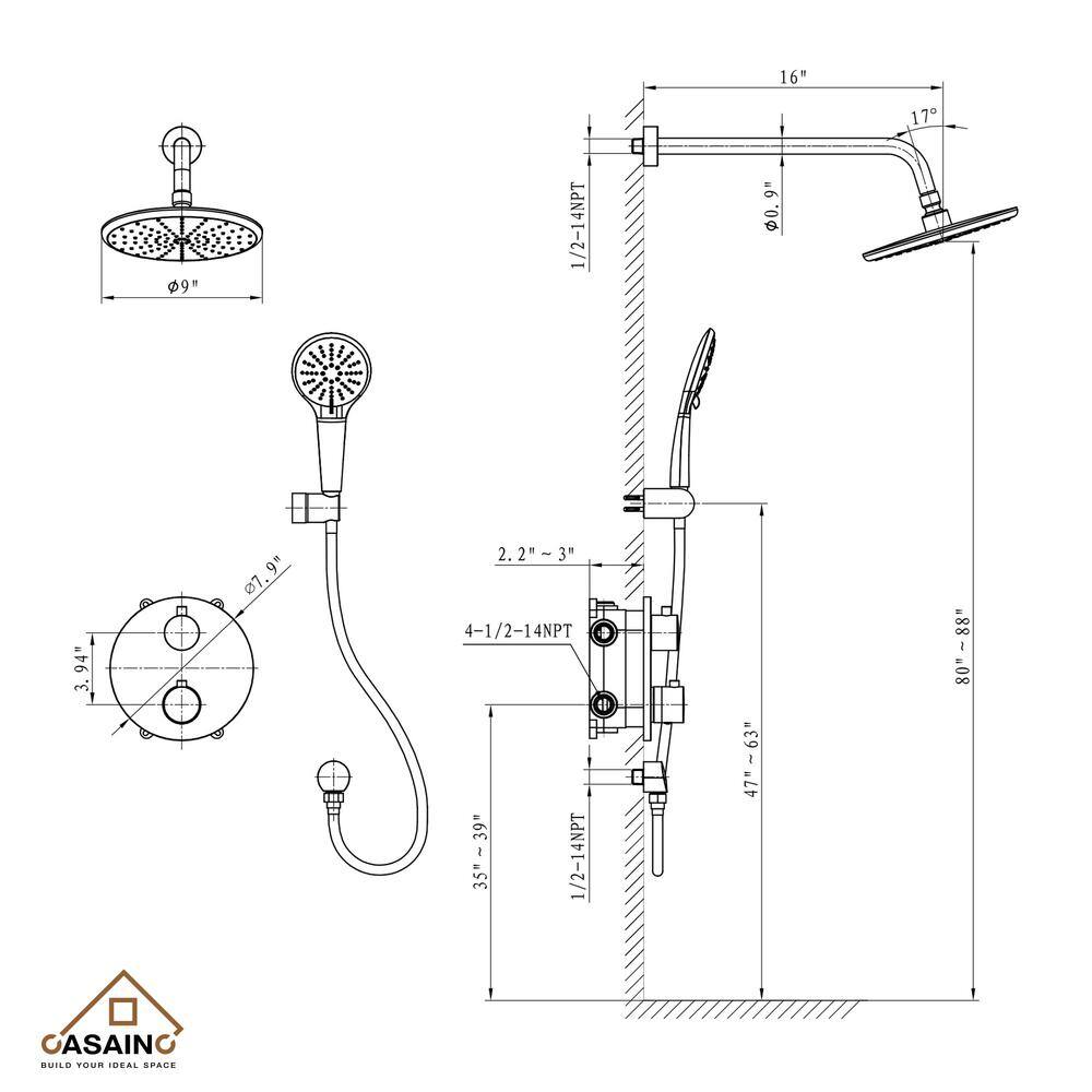 CASAINC 3-Spray Patterns 9 in. Wall Mount Dual Shower Heads Matte Black (Thermostatic Valve Included) HM-T206-RO-MB