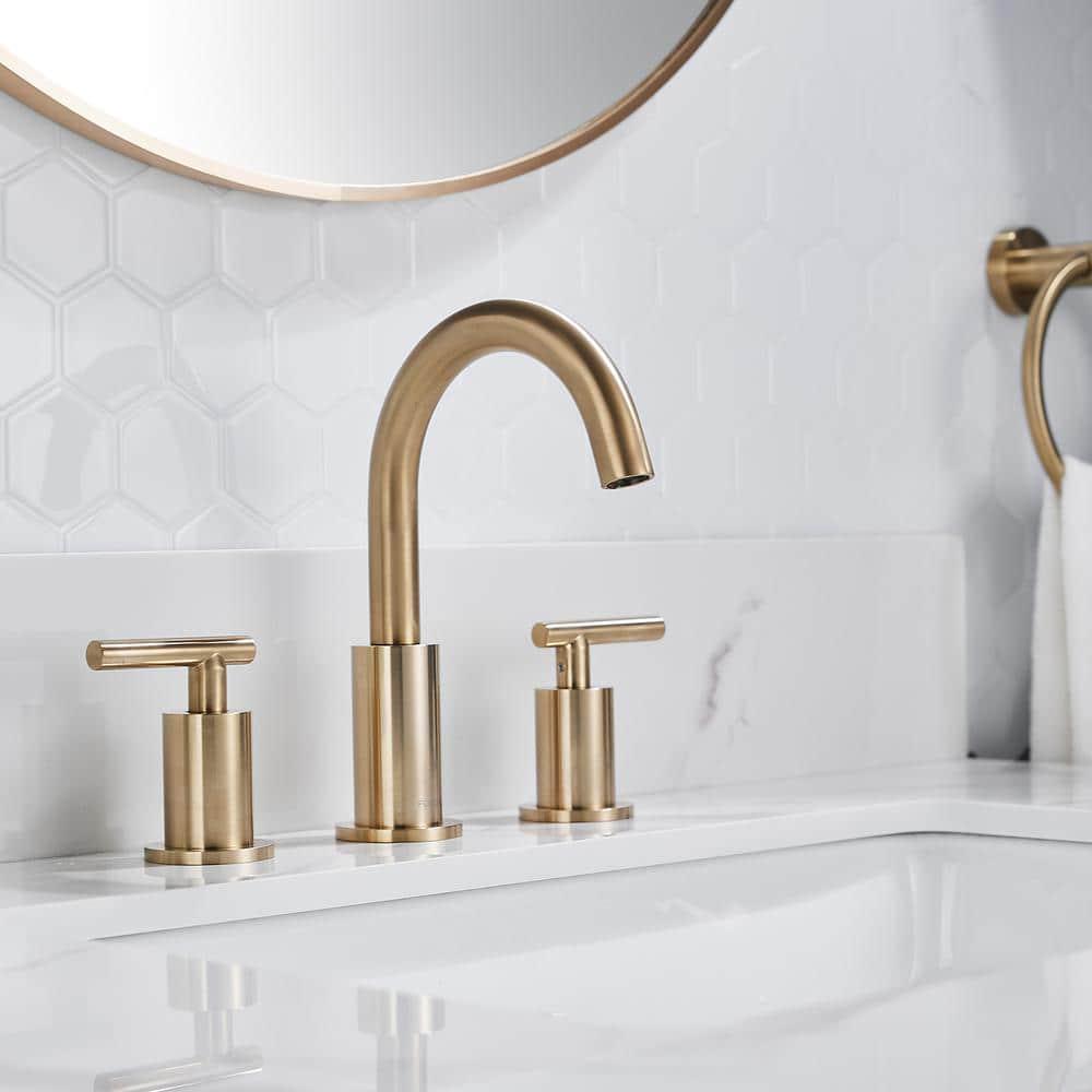 FORIOUS TwoHandle Bathroom Faucet 3Hole Widespread Bathroom Sink Faucet with Metal Drain and Supply Hose Gold