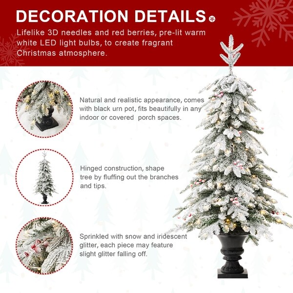 Glitzhome 4FT/5FT PreLit Flocked Fir Artificial Christmas Potted Porch Trees