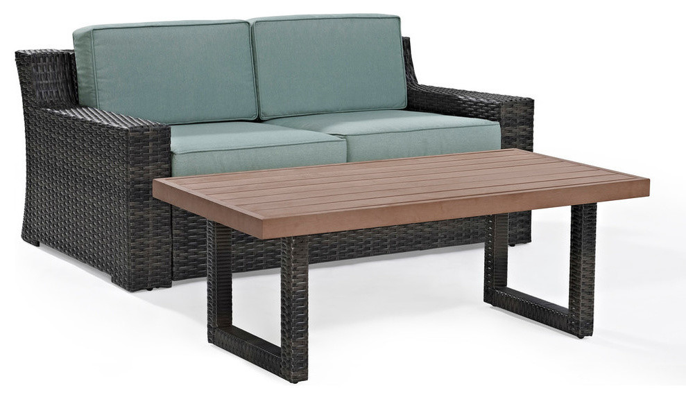 Beaufort 2Pc Outdoor Wicker Chat Set Mist/Brown   Loveseat  ampCoffee Table   Tropical   Outdoor Lounge Sets   by Crosley  Houzz