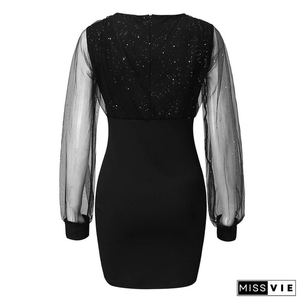 Women Fashion Long Sleeve V-Neck Slim Sequins Sexy Female Dress Black Retro Elegant Party Dress Vestidos