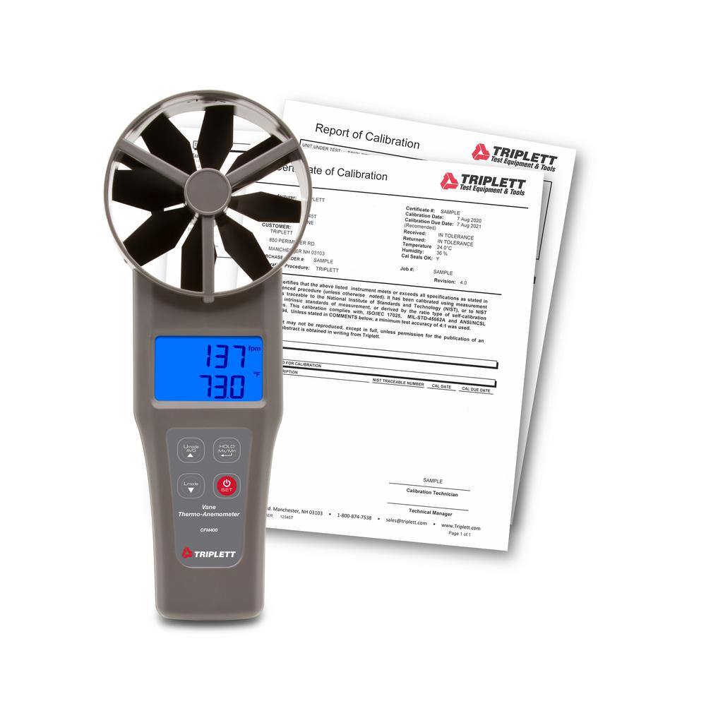 TRIPLETT 4 in. (100 mm) Large Vane CFMCMM Thermo-Anemometer with Cert. of Traceability to NIST CFM400-NIST