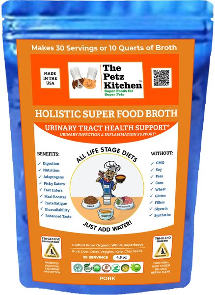 The Petz Kitchen Holistic Super Food Broth Urinary Tract Health Support Pork Flavor Concentrate Powder Dog and Cat Supplement， 4.5-oz bag