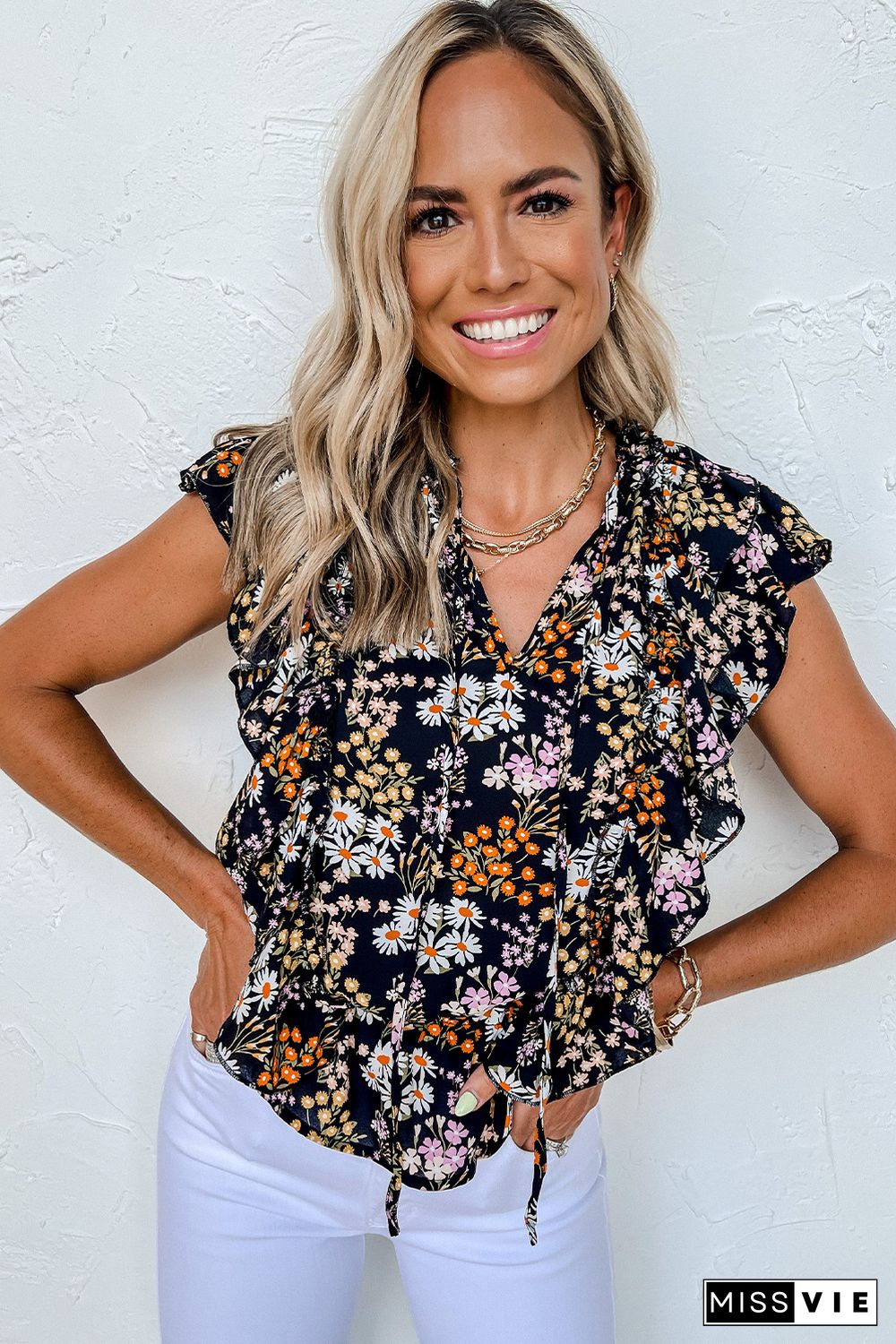 Black Floral Print Ruffle Drawstring V Neck Blouse