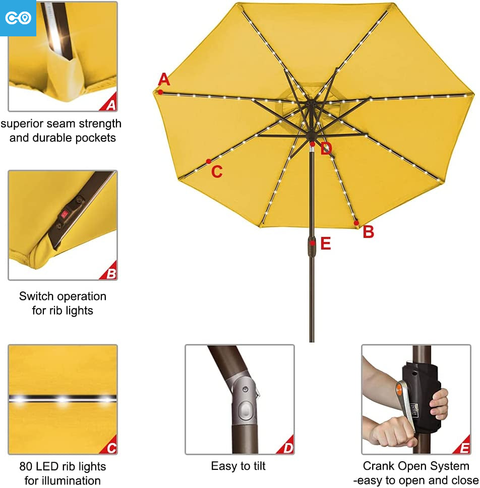 10-Year-Non-Fading Sunumbrella Solar 9ft Market  with 80 LED Lights Patio Umbrellas Outdoor Table  with Ventilation Sunflower Yellow