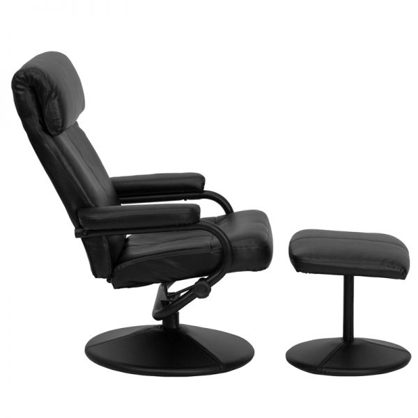 Jenny Contemporary Multi-Position Headrest Recliner and Ottoman with Wrapped Base in Black LeatherSoft