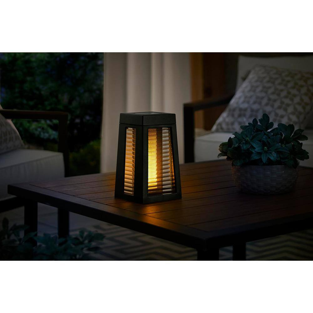 Hampton Bay Ambrose Solar 6 Lumens Matte Black Integrated LED Flicker Flame Lantern Path Light WeatherWaterRust Resistant 93308