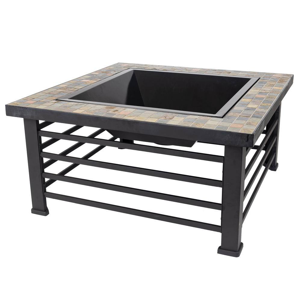 Pleasant Hearth Cascade Slate Top 34 in. Wx22.5 in. H Square Steel Wood Black Fire Pit OFW732S