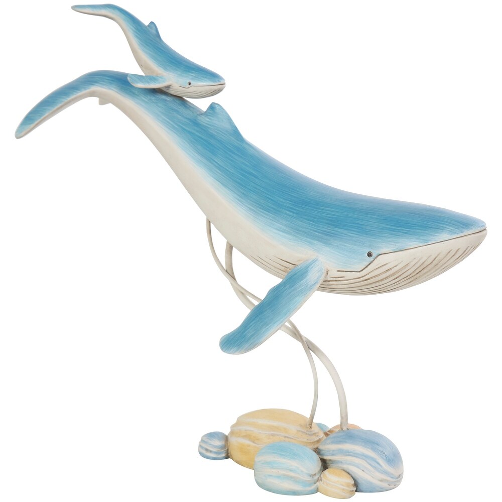 Blue Polystone Swimming Mother and Baby Whale Sculpture with Yellow Accents