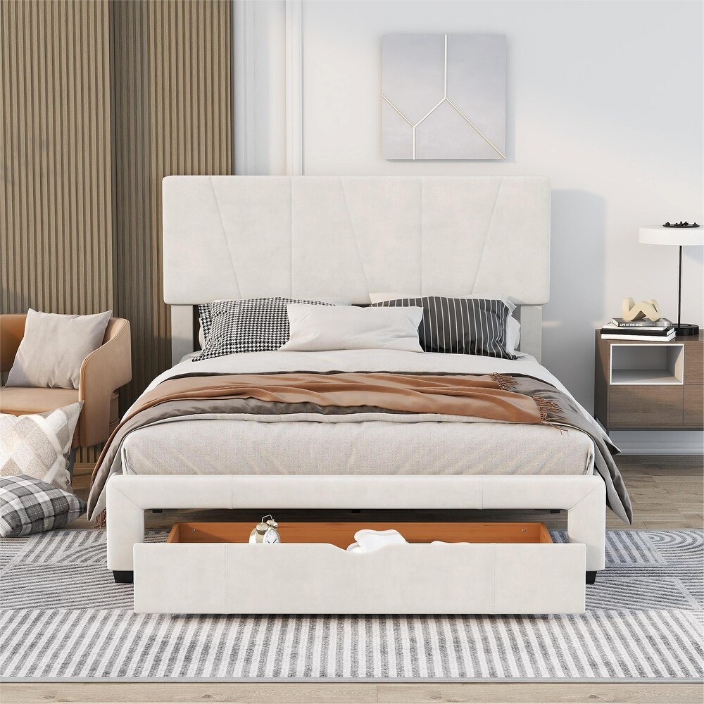 Modern Queen Size Upholstery Platform Bed with One Drawer