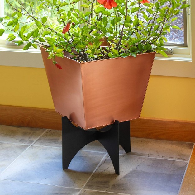 Wide Square Copper Plated Galvanized Steel Flower Box With Black Wrought Iron Plant Stand - Achla Designs