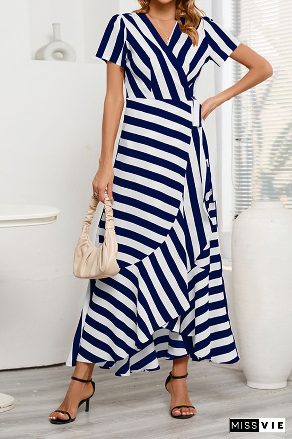 Stripes Splicing Irregular Ruffle Maxi Dress