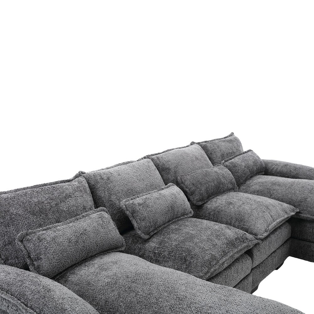 Chenille Fabric Sofa Large Reversible Chaise for Livingroom Thick Cushion Settee w/ Symmetrical Recliner Ottomans  Pillows  Gray