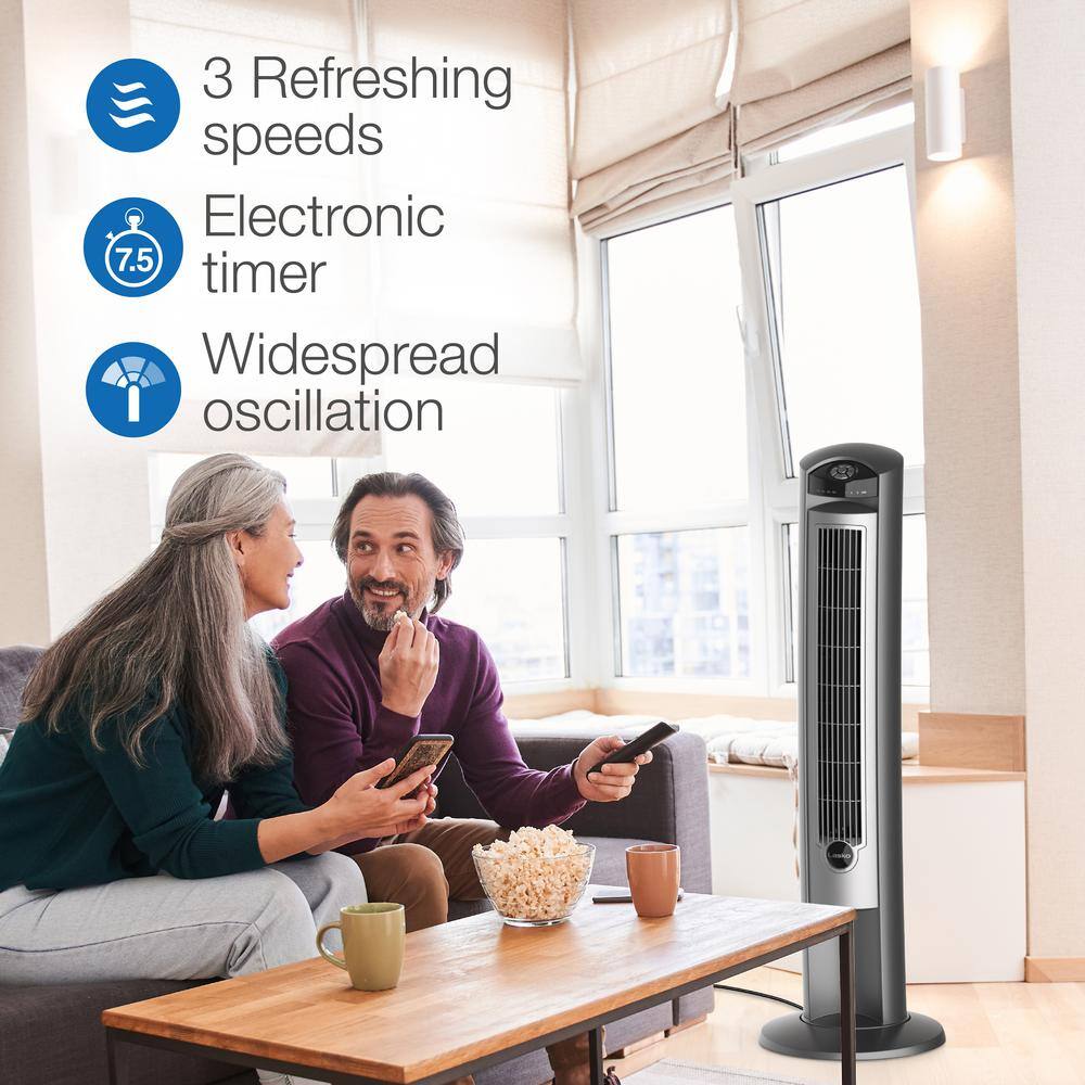 Lasko Wind Curve 42 in. 3-Speed Oscillating Platinum Tower Fan with Fresh Air Ionizer and Remote Control 2551