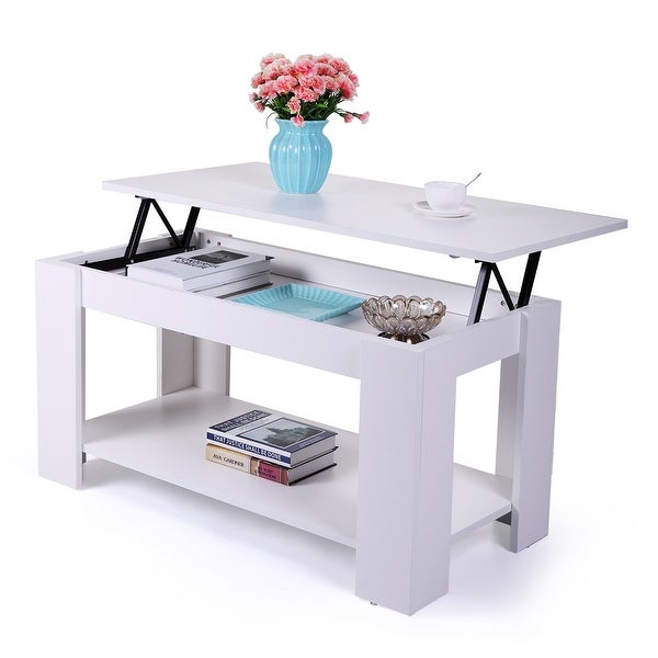 Coffee Table with Hidden Compartment and Open Shelf， Modern Wooden Table for Home Living Room， White