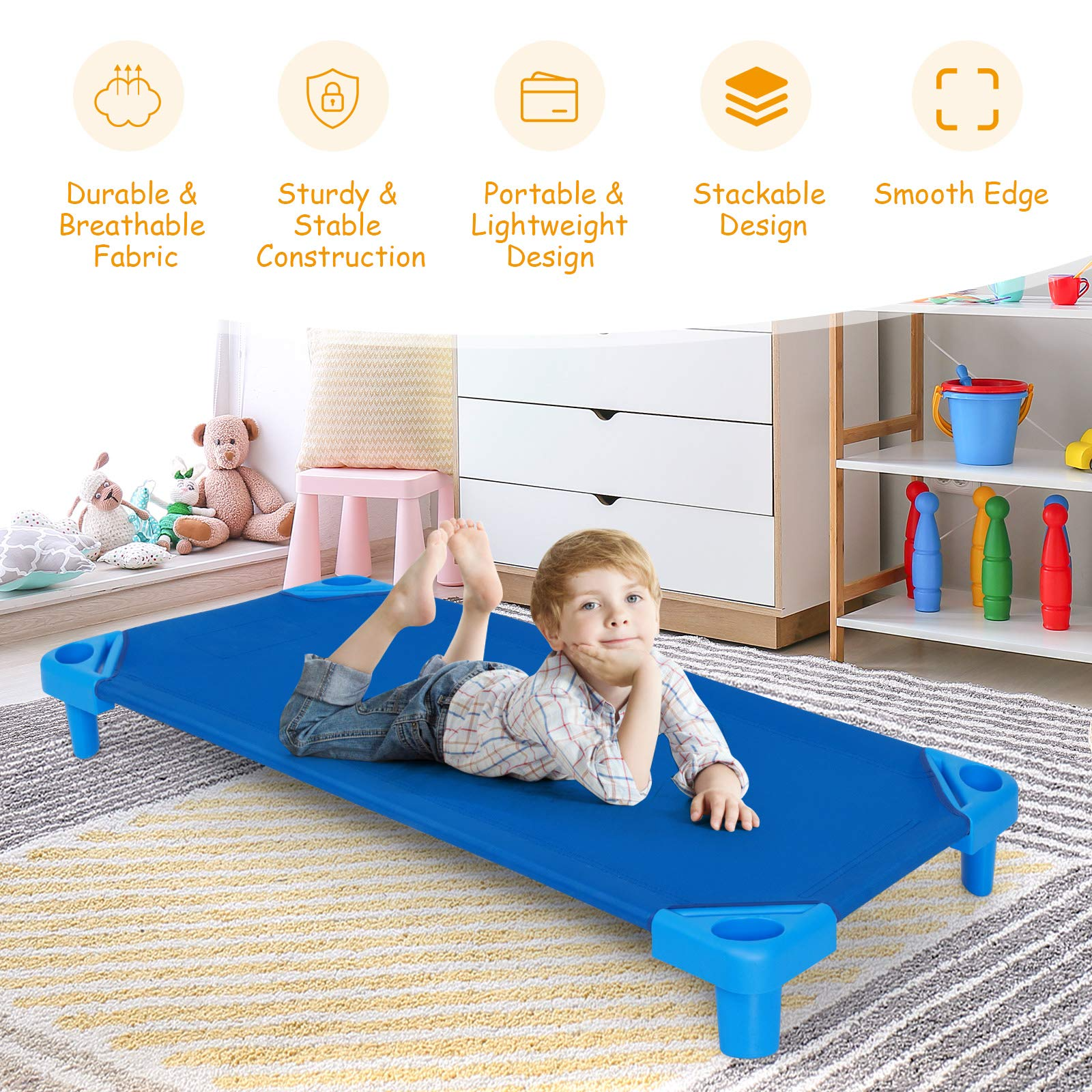 Costzon Stackable Naptime Cots for Kids, Children Daycare Sleeping Mats w/Easy Lift Corner Detachable Cloth