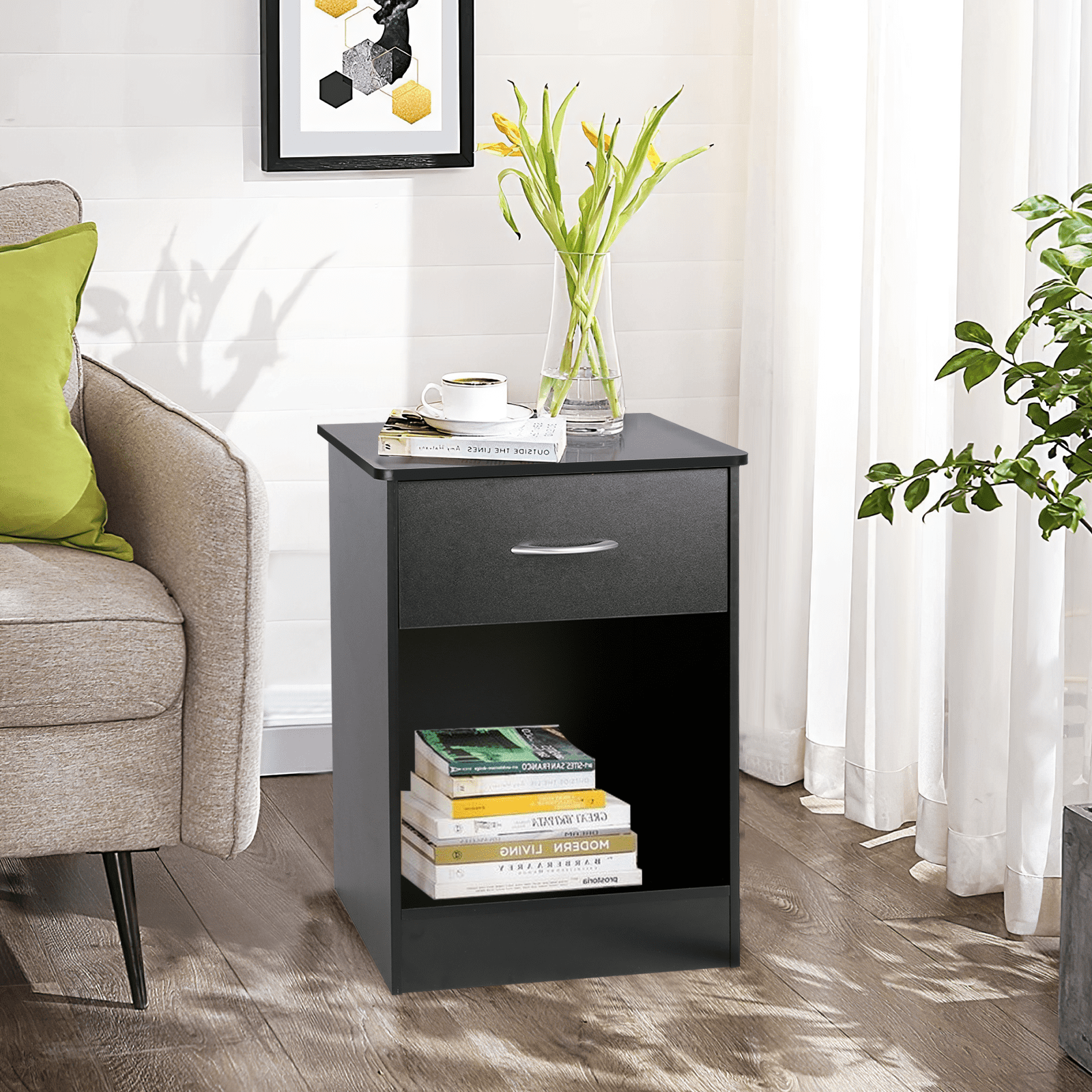 TUSY Nightstand, Bedside Furniture, End Table, Small Dresser with Drawer, Open Storage Shelf, Durable Wood Top, for Bedroom, Living Room, Black