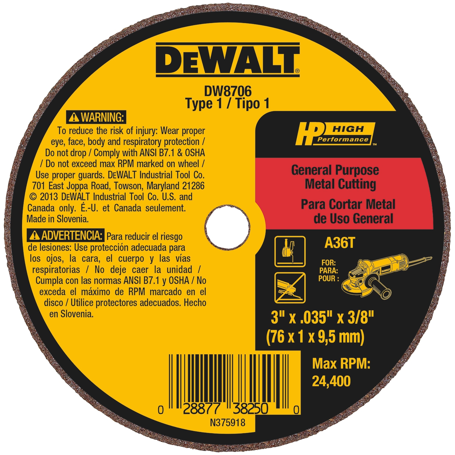 DW 3 in. D X 3/8 in. Aluminum Oxide Cut-Off Wheel