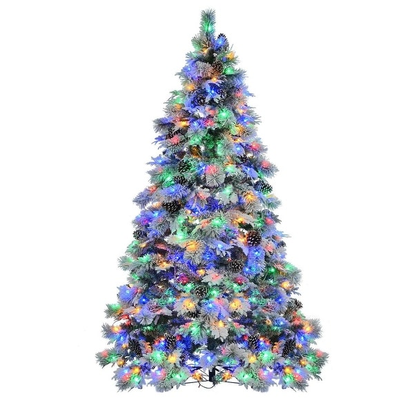 4/6/7.5FT PreLit Spruce Snow Flocked Christmas Tree，PE and PVC Artificial Lighted Xmas Tree with Cones，11 Flashing Modes