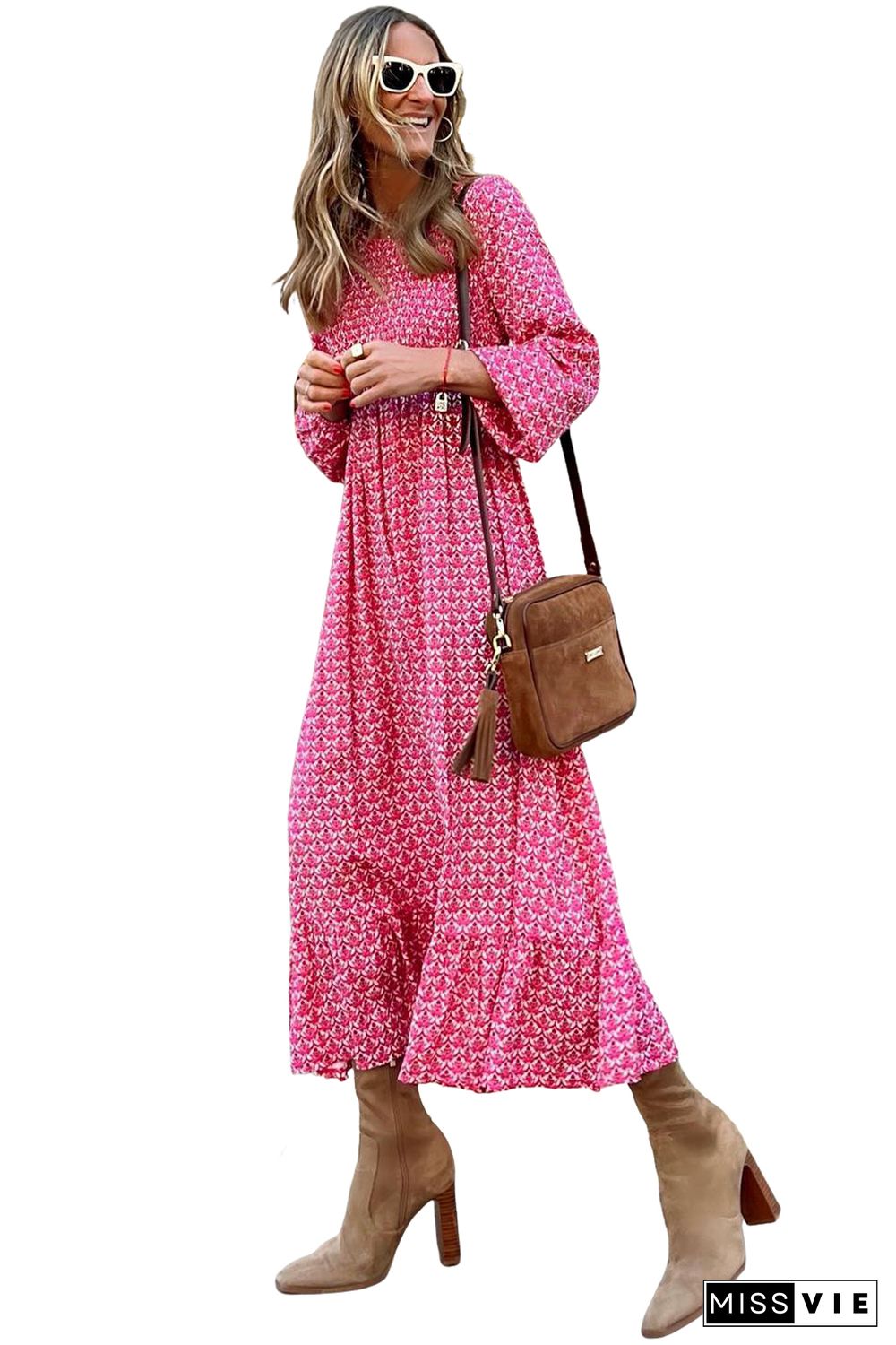 Rose Printed Ruffled Hem Long Dress