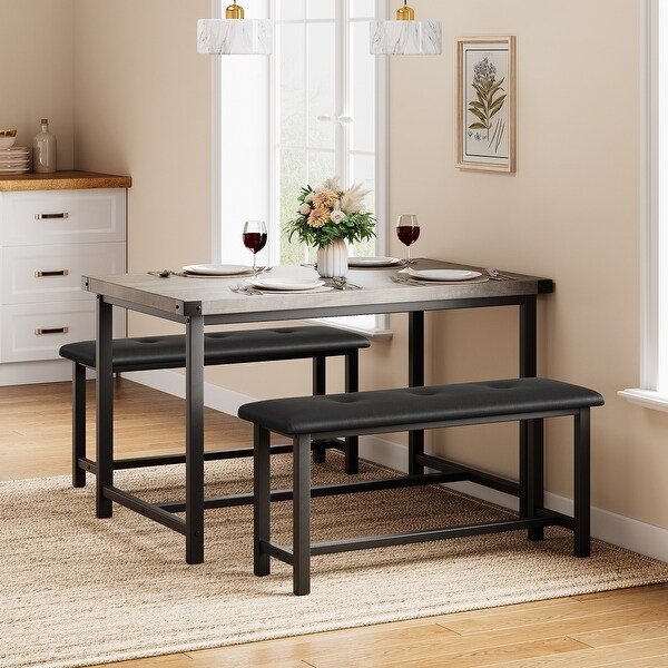 Dining Table Set for 4，Kitchen Table with 2 Upholstered Benches