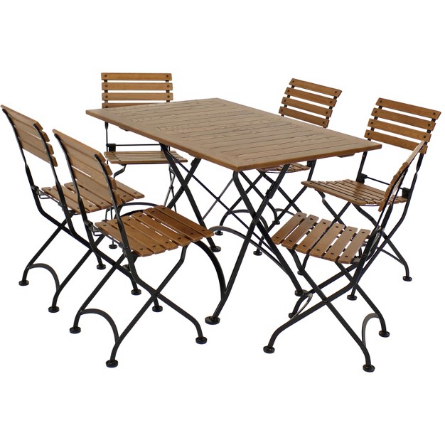 Sunnydaze Indoor outdoor Essential Chestnut Wood Folding Patio Table And Chairs Set Brown 7pc