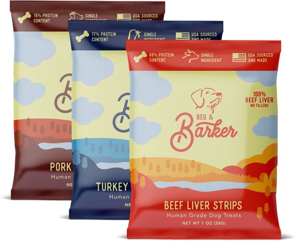 Beg and Barker Countryside Collection Variety Pork， Turkey and Beef Liver Dog Jerky Treats