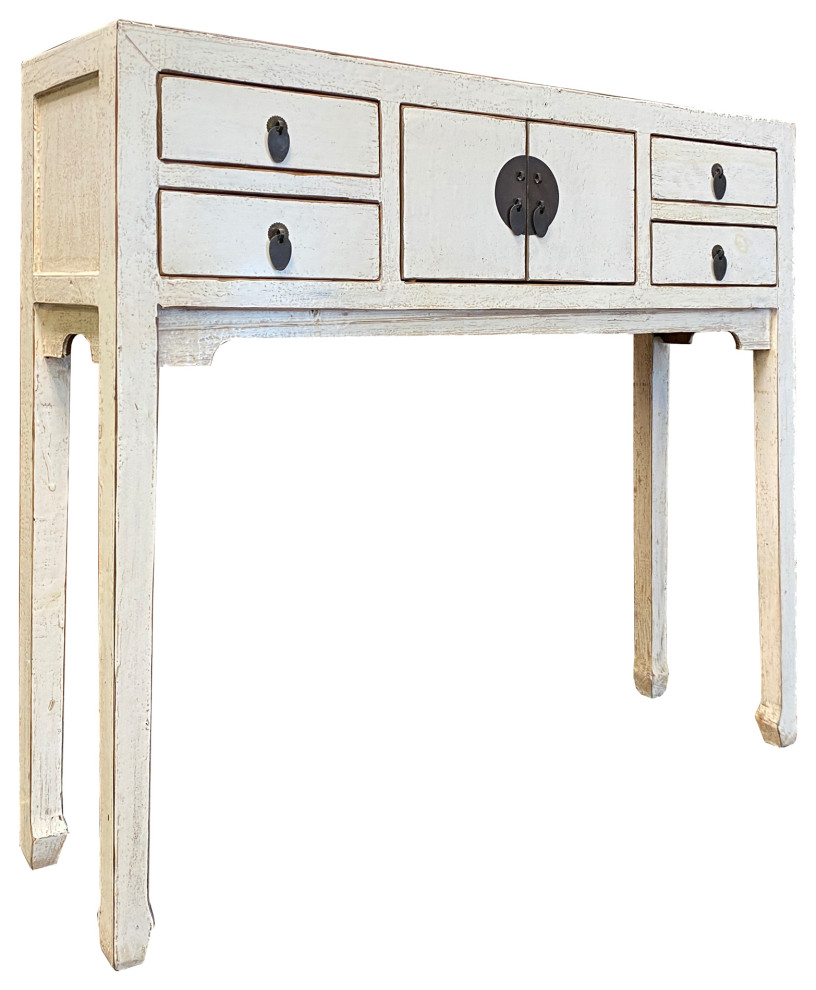 Oriental Rustic Off White Lacquer Drawers Slim Foyer Side Table Hcs6191   Farmhouse   Side Tables And End Tables   by Golden Lotus Antiques  Houzz