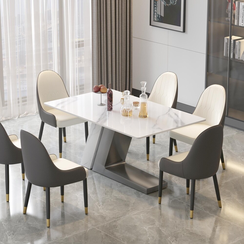 Modern Slate Kitchen Dining Table with White Rectangle Sintered Stone Top and Metal Legs    63''/71''/79''