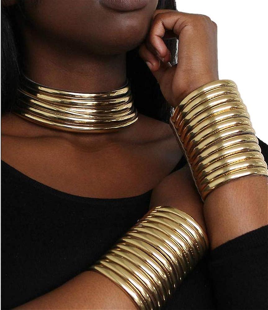 African Women's Gold Tone Wide Metal Buckle Statement Cuff Bangle Bracelet 2 Piece Set