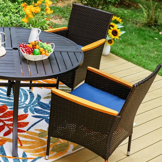 5pc Outdoor Dining Set With Wicker Chairs With Cushions amp Round Metal Table With Umbrella Hole Blue Captiva Designs