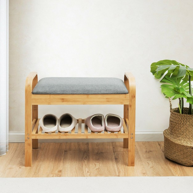 Costway Shoe Rack Bench Bamboo W cushioned Seat amp storage Shelf Padded Seat Shoe Bench