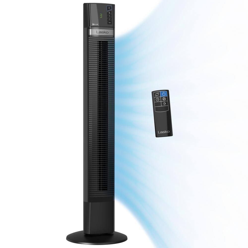 Lasko 48 in. 4 Speeds Xtra Air Tower Fan in Black with Carry Handle Oscillating Remote Control Nighttime Setting Timer T48335