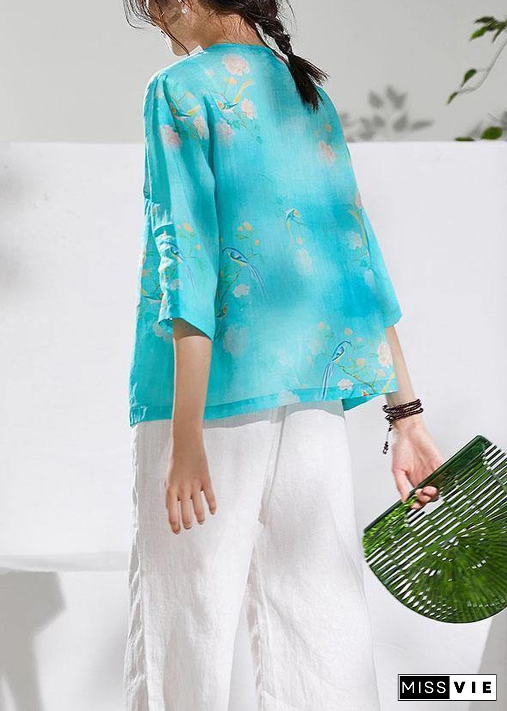 Simple green print linen clothes v neck summer blouses