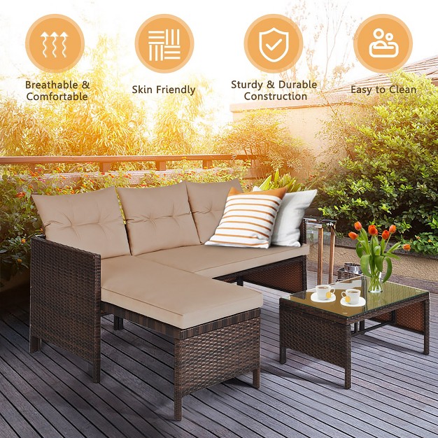 Costway 3pcs Patio Wicker Rattan Sofa Set Outdoor Sectional Conversation Set Garden Lawn Brown