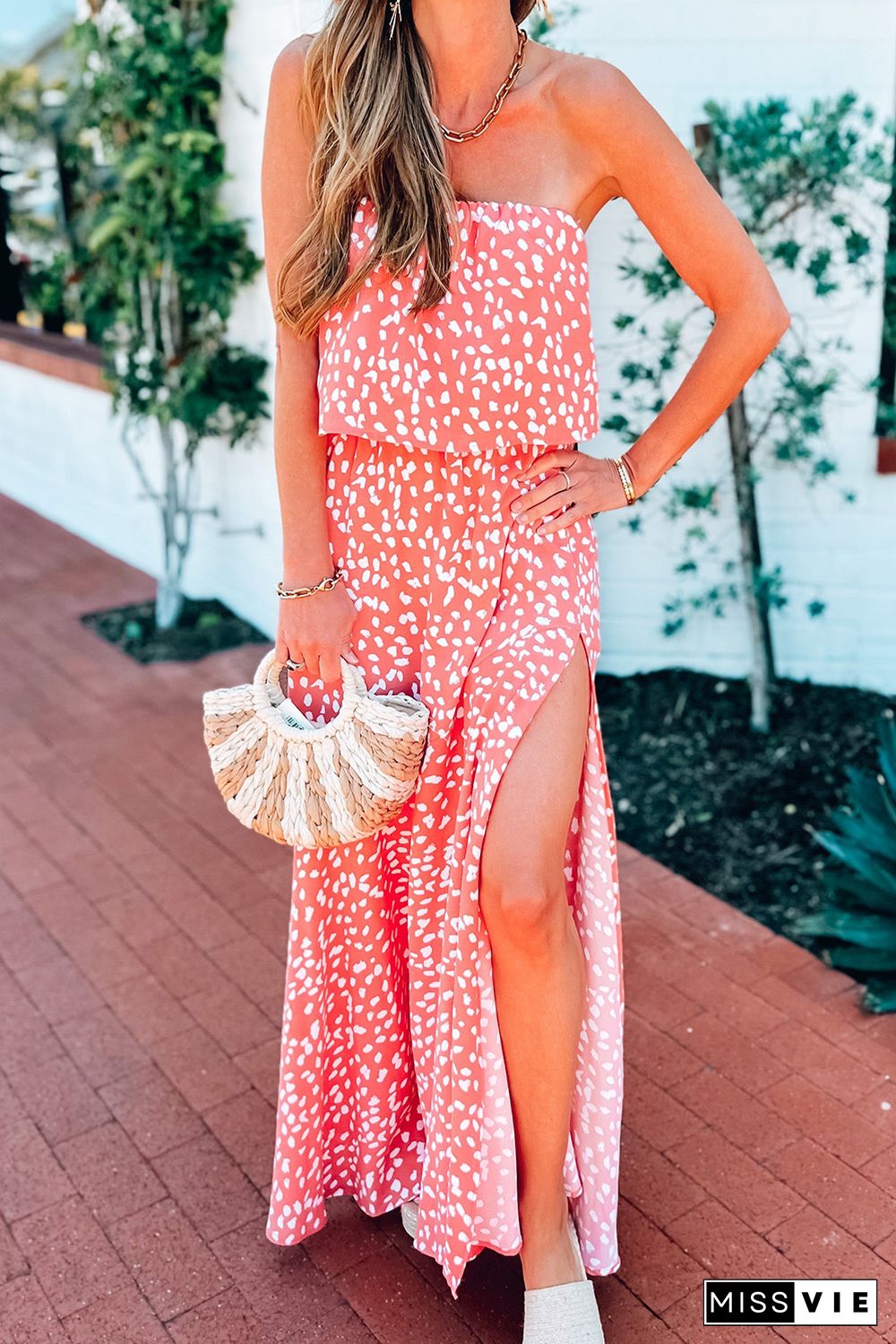 Leopard Print Strapless Maxi Dress with Split