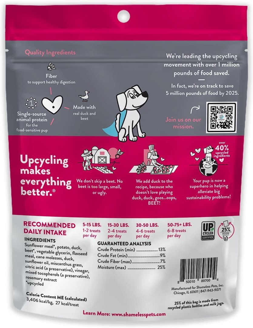 Shameless Pets Soft Baked Duck， Duck， Beet Flavor Grain-Free Dog Treats， 6-oz bag