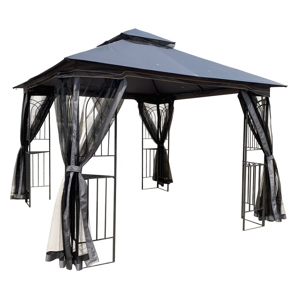 Gray 10x10 ft Patio Canopy Gazebo with Double Tier Roof  Mesh Screens