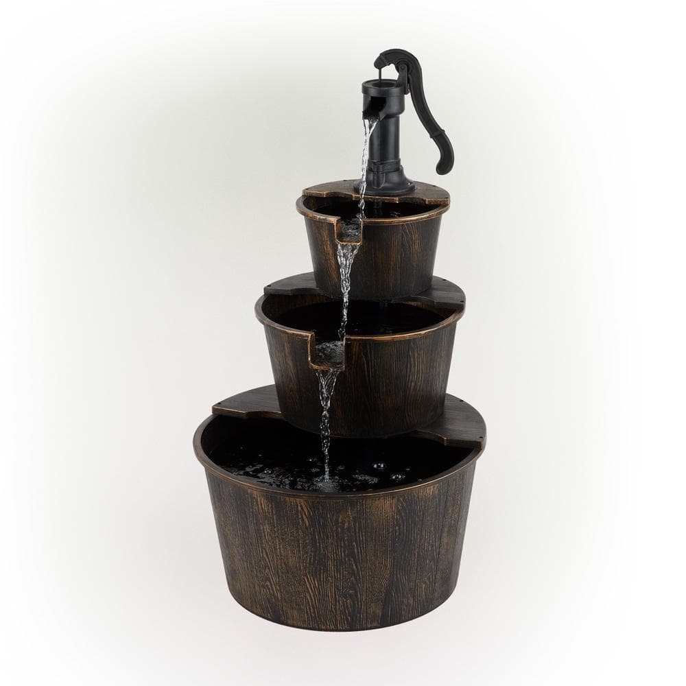 Alpine Corporation 40 in. Tall Outdoor 3-Tier Barrel Pump Waterfall Fountain, Brown TEC234BR