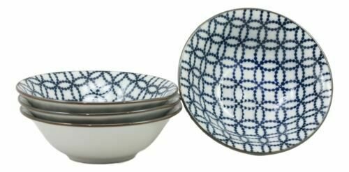 1 Blue Geometric Circles Ceramic Bowls Set of 4 Rice Meal Soup Dine EBR02