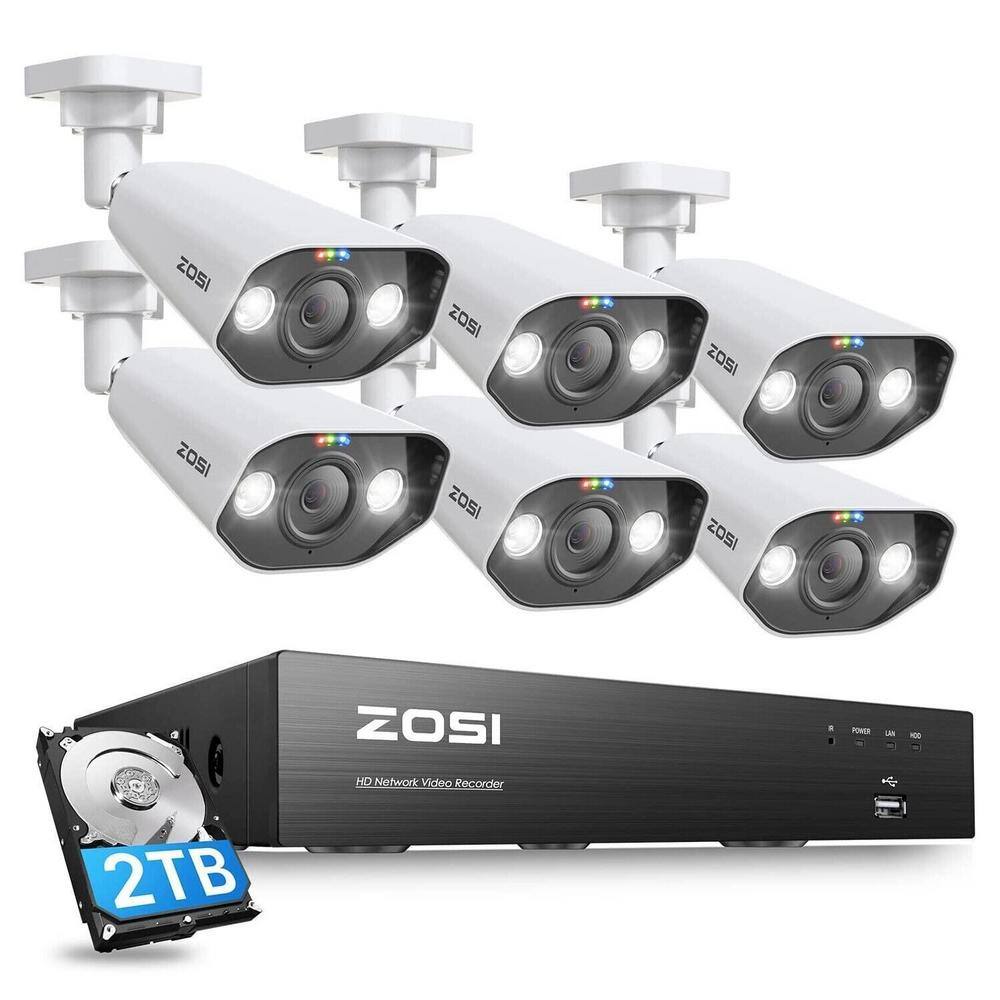 ZOSI Ultra HD 4K 8-Channel 2TB PoE NVR Home Security Camera System with 6 Wired 8MP Spotlight Cameras 2-Way Audio 8SN-1828W6-20-US-A2