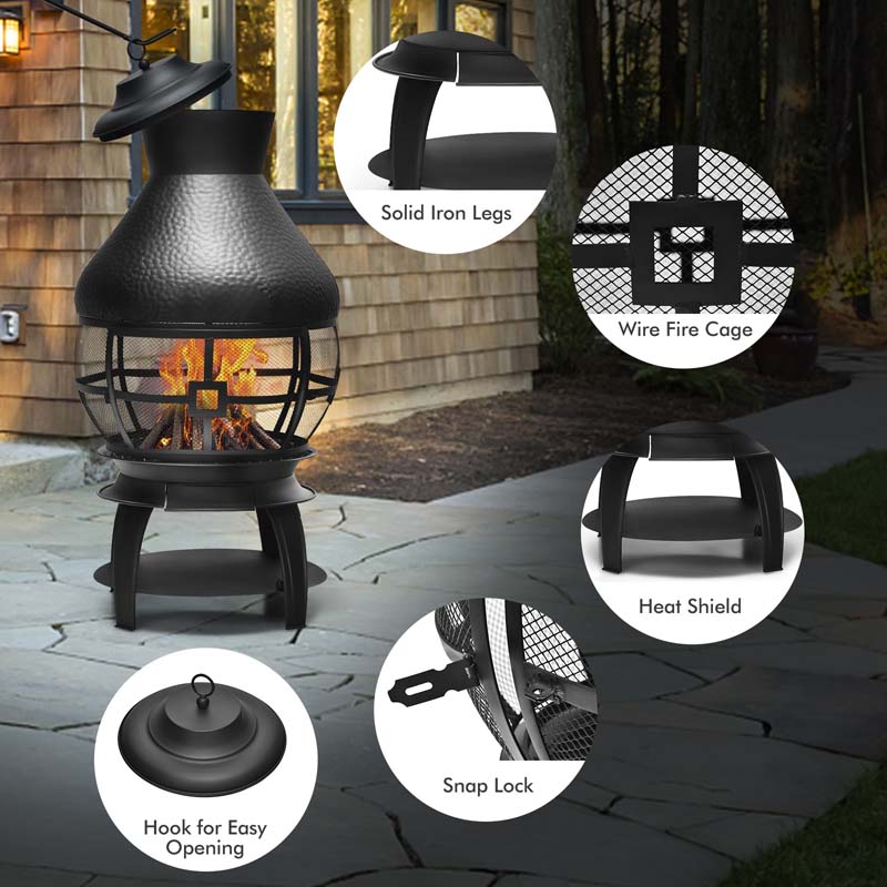 Outdoor Fireplace Chimenea Wood Burning Fire Pit with 2-Piece Log Grate, Premium Rain Cap & Fire Poker