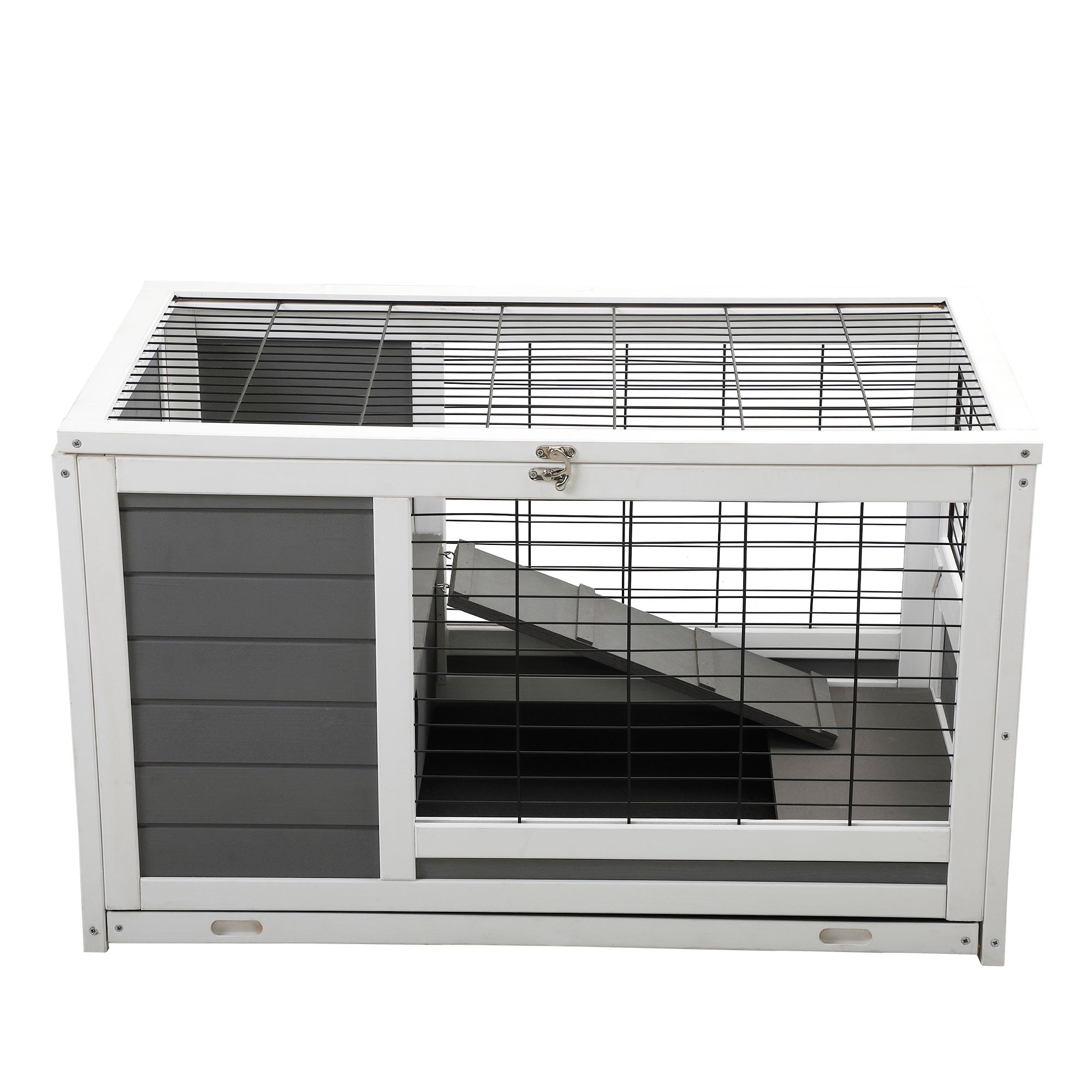 2-Tier Pet House，Indoor Rabbit Hutch with Enclosed Run，for Rabbits and Guinea Pigs，Grey