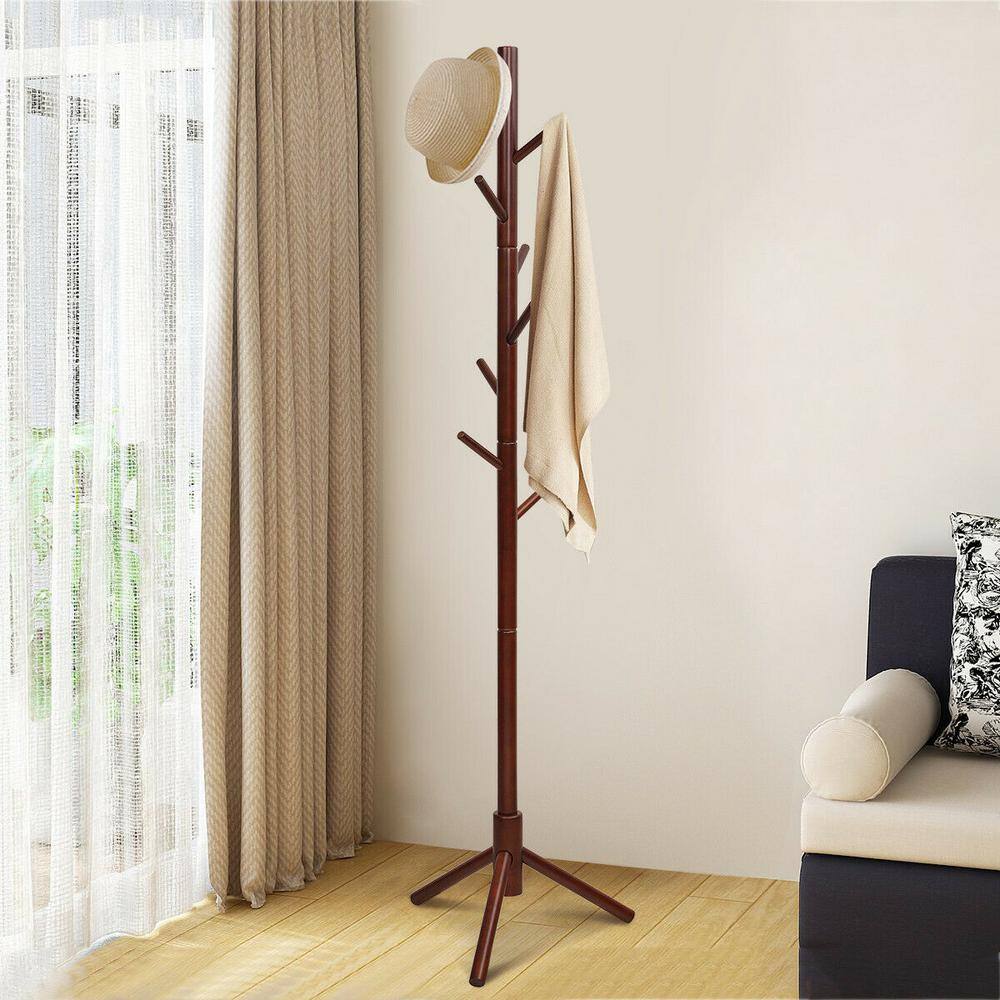 Walnut Wooden Coat Rack Stand Hall Tree Entryway Organizer 2-Heights with 8-Hooks HW65615BN