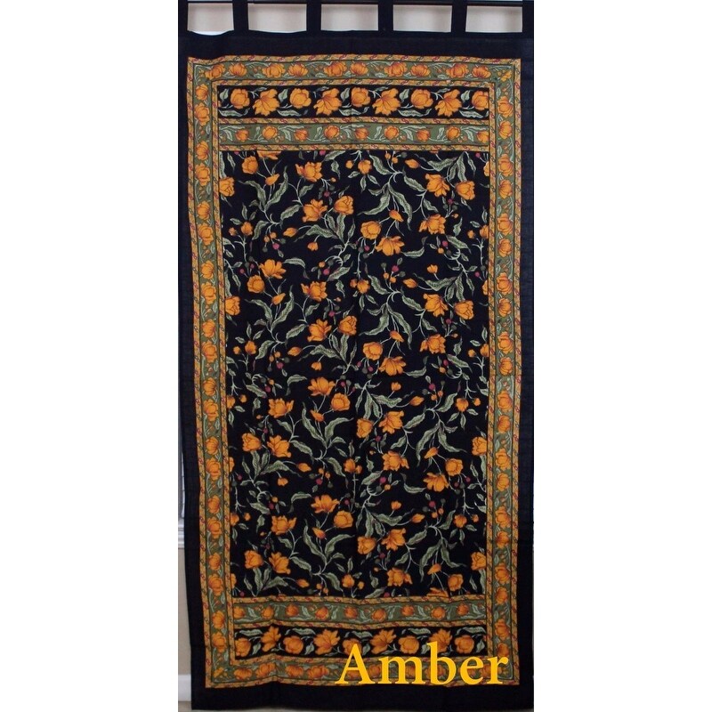 Handmade French Floral Tab Top Curtain 100% Cotton Drape Door Panel in Ivory Blue Black Amber   Violet   44 x 88