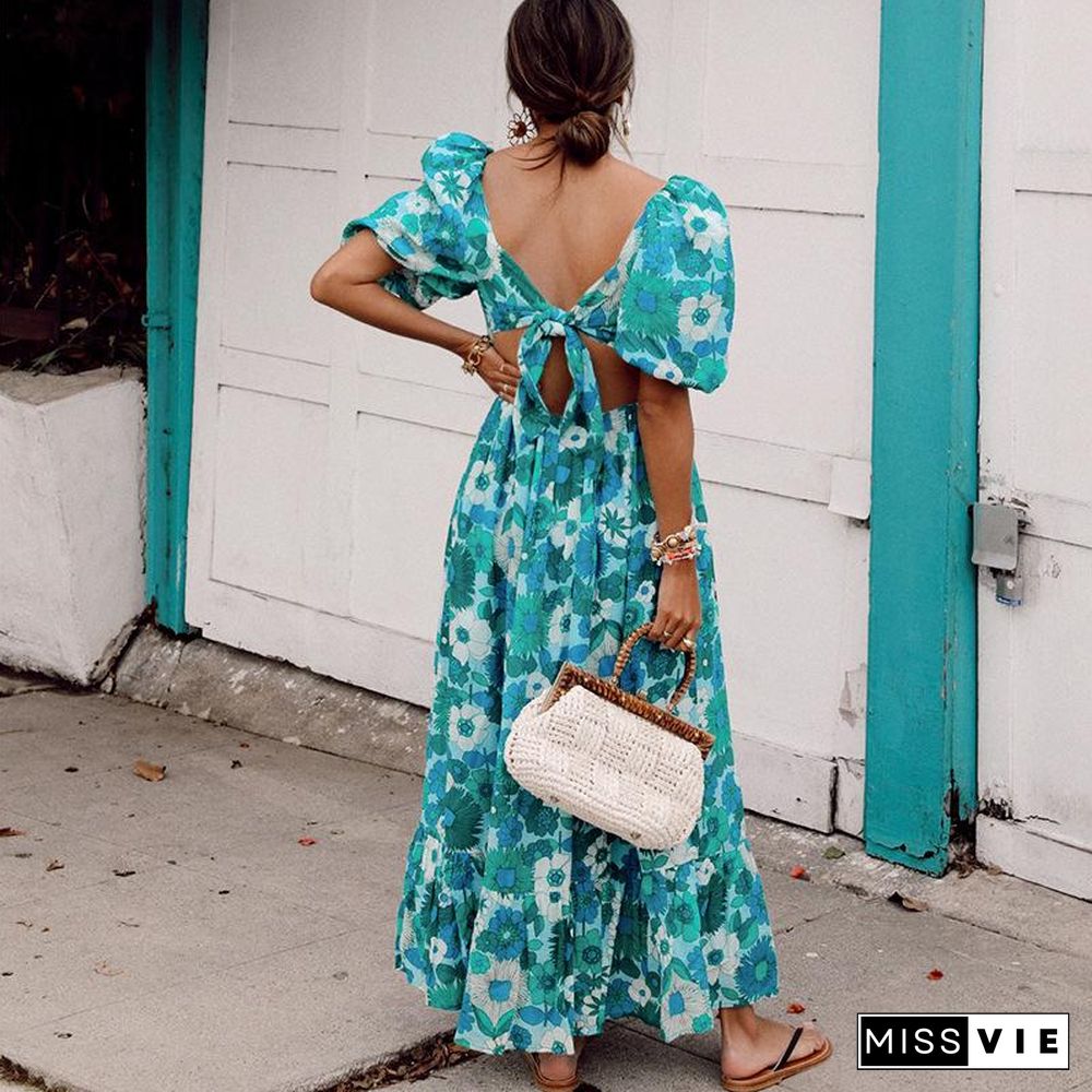 Sweet Backless Printed Vacation Dress