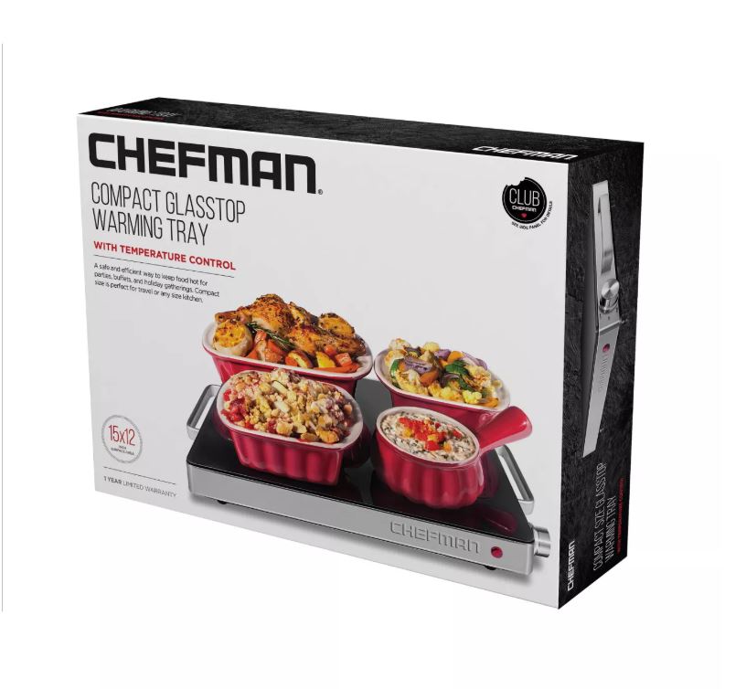 Chefman Compact Glasstop Warming Tray with Adjustable Temperature Control， Mini 15x12 Inch， Black