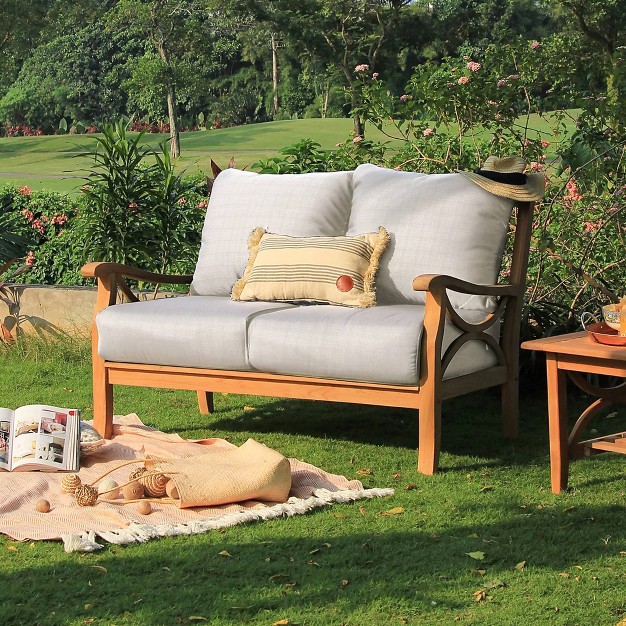 Abbington Teak Patio Loveseat With Cushion Beige natural Teak Cambridge Casual